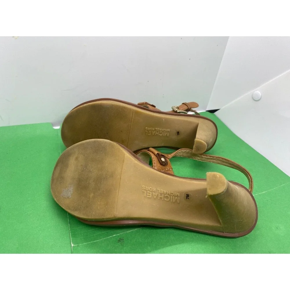 Michael Kors Womens Brown Leather Slingback MK Logo Heels Sandals Size 7M